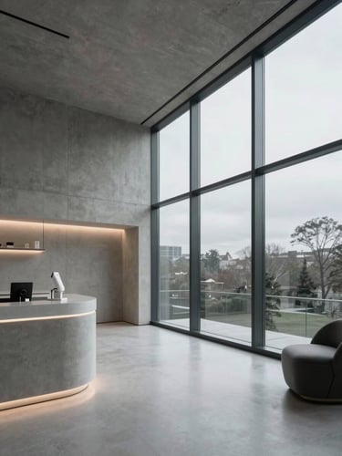 Wide interior shot of a modern luxury medical clinic, minimalist design, concrete walls, soft cool-toned lighting, large glass windows with overcast daylight.
