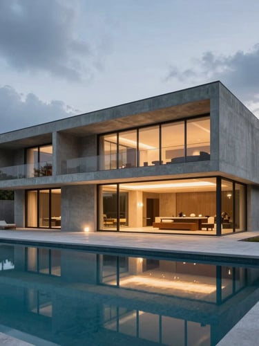 Wide architectural shot of a modern minimalist concrete and glass villa at twilight, soft warm interior lights casting reflections on a clean outdoor pool, cool blue overcast sky.