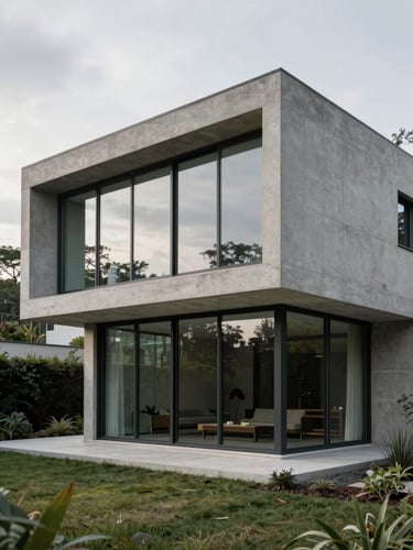 Modern architectural concrete home with large glass windows, overcast natural light, cool tones, clean lines, minimalist landscaping