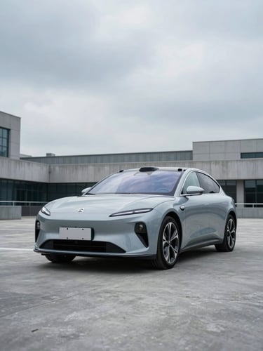 Wide portrait shot of a modern electric sedan parked in a clean concrete urban plaza under overcast cool lighting, reflection of clean architecture on the windshield, negative space above.