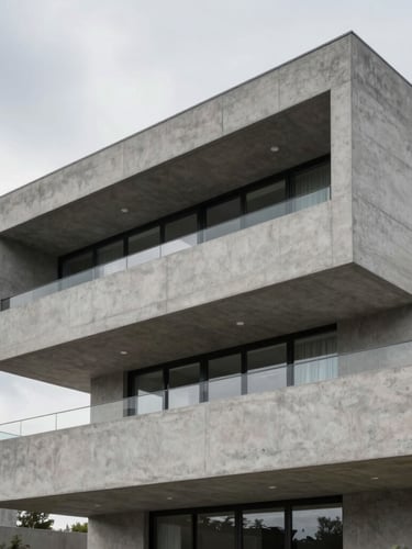 Close-up of a modern architectural concrete villa with clean lines under a cool overcast sky, sharp details.