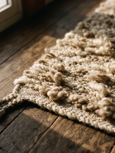 Overhead dramatic perspective of a heavy-pile un-dyed wool rug corner, low-angle raking natural light casting deep shadows on raw fibers, 35mm photography