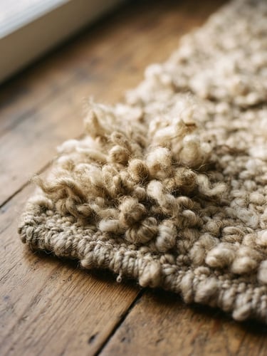 Tactile editorial photography, low-angle raking natural light, warm organic earth tones, shallow depth of field, 35mm. A close-up of a heavy-pile un-dyed wool rug corner, showing raw texture and density.
