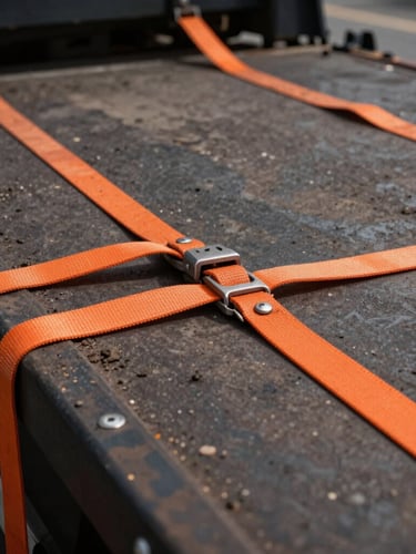 Close-up of heavy-duty orange cargo securing straps being tightened on a flatbed truck, high-contrast daylight, gritty industrial photography