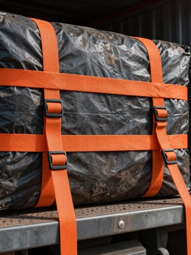 Close-up of heavy-duty safety orange tension straps securing cargo on a flatbed truck, high-contrast industrial lighting, gritty real-world texture.