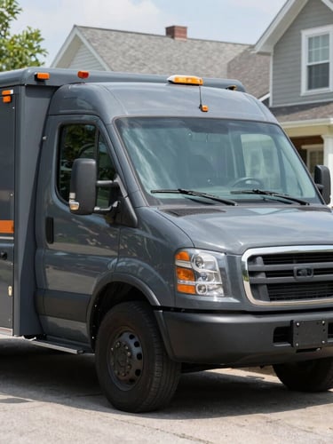 A clean, well-maintained service truck parked on a quiet residential street in Kewanee, Illinois, bright natural daylight, sharp focus on the vehicle's clean profile.
