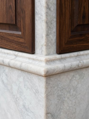 Close-up architectural detail of a pristine joint between premium travertine marble and dark walnut wood paneling, soft natural side lighting, sharp focus, 35mm