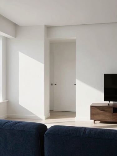 Symmetrical architectural shot of a luxury apartment interior in Goiânia, pristine white walls, minimalist furniture, soft natural side lighting, high-contrast shadows, 35mm
