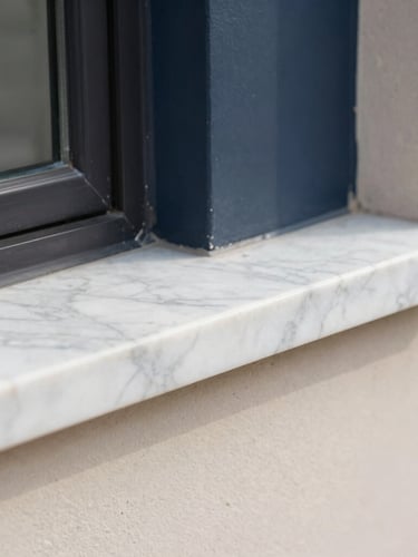 Close-up of pristine architectural joint, perfect alignment of premium marble and dark steel trim, crisp focus, soft natural light