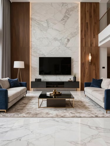 Straight-on architectural photography of a luxury modern living room in Goiânia, bright natural daylight, clean lines, white marble floor, custom wood paneling, premium finishes, 35mm