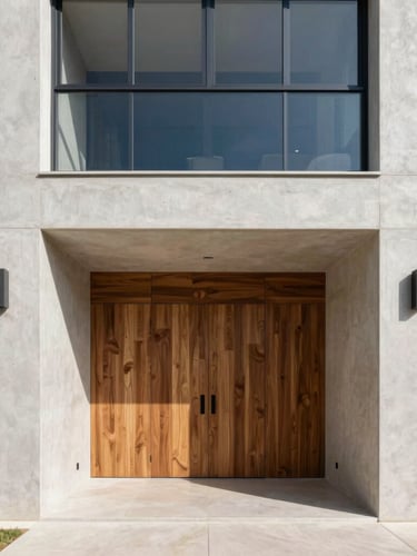 Symmetrical architectural shot of a luxury apartment interior in Goiânia, clean lines, minimalist concrete and warm wood finishes, natural daylight, 35mm