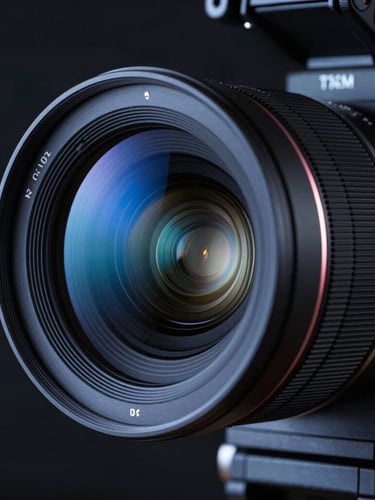 Extreme close-up of a high-end cinema camera lens, sharp reflections of cobalt blue studio lights, dark cinematic background, technical precision, 3:4 portrait aspect.
