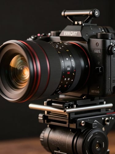 Cinematic close-up of a high-end camera rig on a dark set, warm backlight catching the lens edge, technical precision, sharp focus