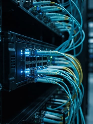 Macro photograph of high-end enterprise network switch ports with glowing blue fiber optic connections, cool low-key architectural lighting, sharp focus, 35mm