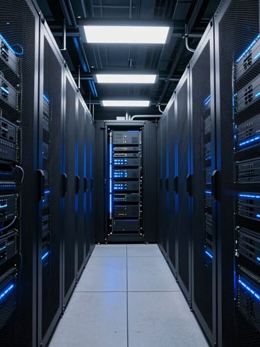 Symmetric wide shot of a modern dark data center corridor, cool low-key architectural lighting with sharp electric-blue LED accents, clean cable management, 35mm