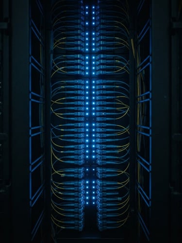 Symmetric macro shot of high-density fiber optic patch panels in a dark enterprise server room, sharp cool blue laser-like indicators slicing through low-key shadows, 35mm photography