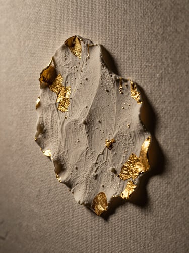 Macro shot of textured raw canvas with a thick organic relief, delicate gold leaf catching low-key directional candlelight, deep shadows.