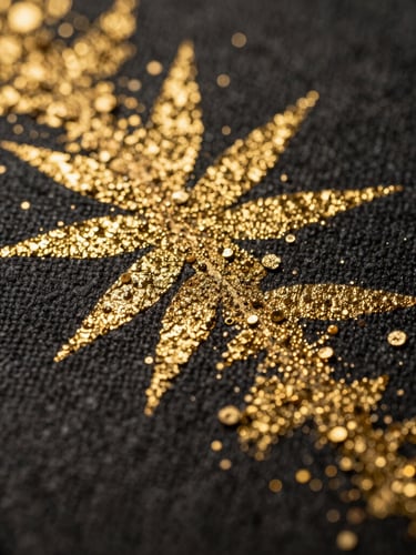 Macro cinematic close-up of dark textured canvas with gold leaf catching warm, low-key directional light, highlighting the mineral relief and wabi-sabi details.