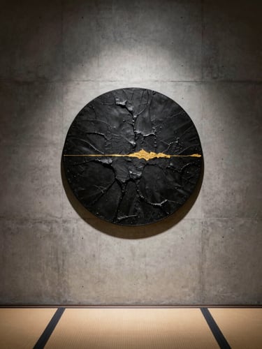 Minimalist concrete wall with a single large circular black-and-gold textured artwork, low-key side lighting casting long soft shadows, tatami floor visible below.