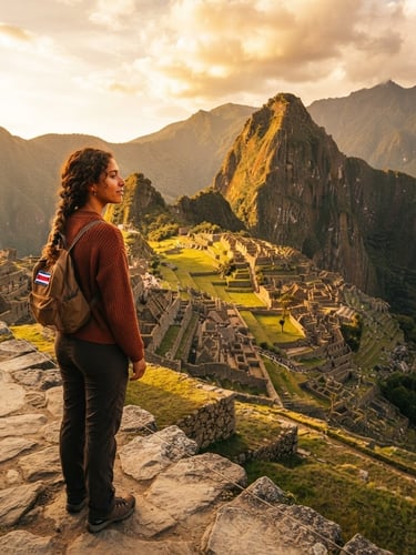 Warm editorial photo of a Costa Rican traveler looking at Machu Picchu during golden hour, wide-angle cinematic framing, 35mm film feel, rich saturated Andean tones.