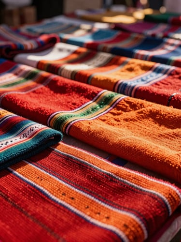 Close-up of vibrant traditional Peruvian textiles in a bustling market in Pisac, warm natural sunlight highlighting the rich red and orange threads, shallow depth of field