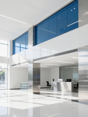 Bright high-key interior photography of a spotless modern corporate office lobby, gleaming stainless steel surfaces, crisp daylight, cool whites and deep blues, sharp focus, 35mm