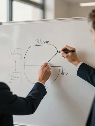 Warm editorial medium shot of a professional strategy session, hands sketching a clean framework on a whiteboard under soft diffused natural window light, muted navy accents, 35mm.