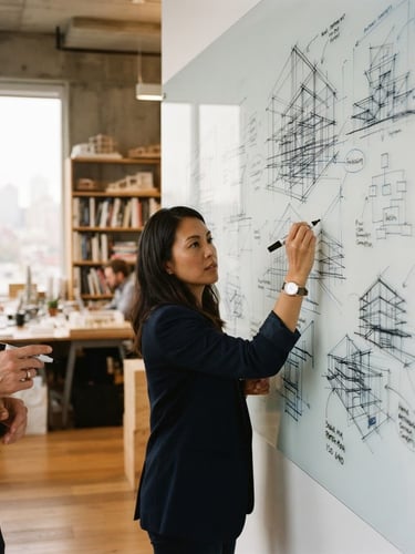 A focused collaborative professional workshop in a modern architectural office. Hands sketching frameworks on a whiteboard under soft, diffused natural window light. Warm tones, 35mm photography.