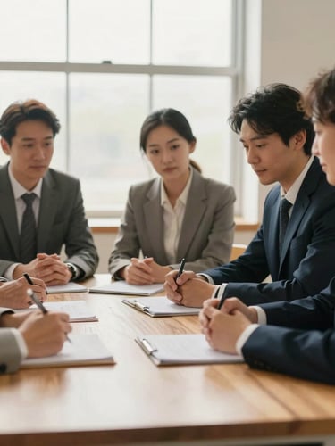 Candid medium-shot of business professionals collaborating around a light oak table, warm natural light from a large window, soft focus, editorial style