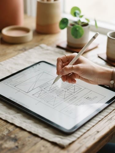 Close-up of a hand sketching a website wireframe on a tablet, with clean lines and geometric shapes. Soft natural daylight, muted terracotta and sand tones, shallow depth of field. Portrait aspect.