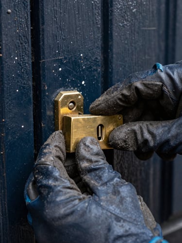 Macro close-up of a locksmith's hands in dark work gloves adjusting a brass cylinder lock on a weathered wooden door, gritty realistic style, overcast London daylight, 35mm lens.