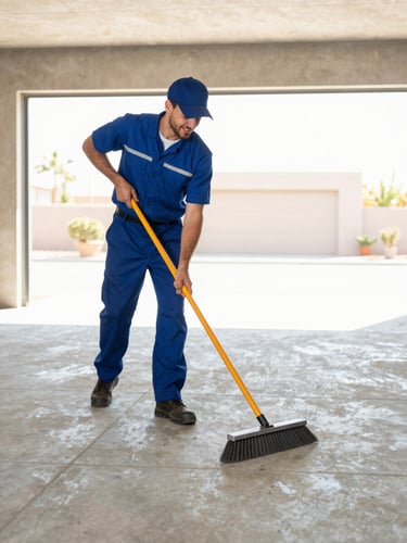 Action shot of a friendly, uniformed junk removal crew member sweeping a clean concrete garage floor with a push broom, bright daylight.