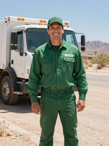 A professional Las Vegas junk removal crew leader in a clean forest green uniform, smiling warmly, bright desert daylight, high-contrast natural colors, clean composition