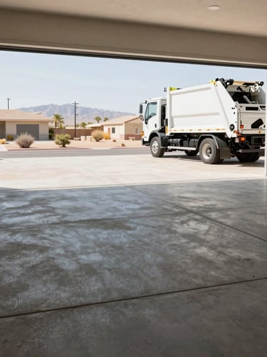 Wide shot of a clean, empty Las Vegas garage with freshly swept concrete floor, bright desert daylight streaming through the open door, professional junk removal truck visible in the driveway.