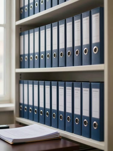 Wide shot of organized legal case files stacked on a cream-colored shelf in a law office, spines facing outward, soft natural window light from the left, a single open folder with annotated pages visible at the base of the stack