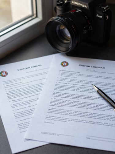 Close-up of a bilingual cross-border contract on a desk surface, two pages side by side showing Portuguese and English legal clauses, a pen resting at the margin, soft natural window light from the left, shallow depth of field
