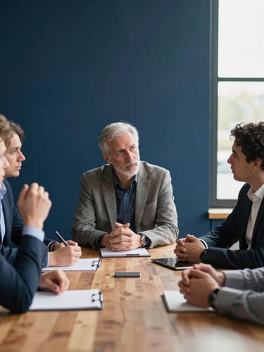 Collaborative workshop environment with natural interaction, mature leaders discussing strategy around a wooden table, dramatic natural window light, sharp focus