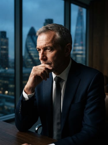 Candid, high-contrast portrait of a mature business leader in deep thought, dramatic window light, deep blue and neutral tones, sharp focus, 35mm lens
