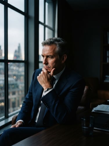 Candid portrait of a mature corporate leader in deep thought, dramatic high-contrast window light, deep navy blue and neutral tones, sharp focus, 35mm lens