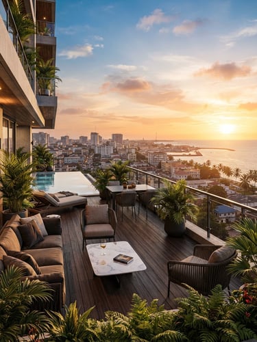 Warm architectural photography of a luxury modern apartment terrace in Cotonou, golden hour sunlight, palm trees in the background, wide-angle lens