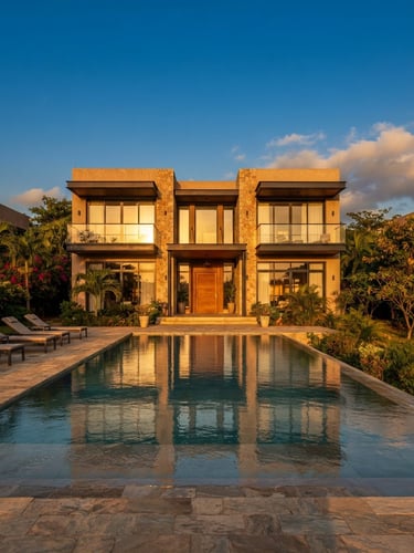 Symmetrical facade of a modern luxury villa in Cotonou under bright West African sun, golden-hour reflections on a clean pool surface, high-contrast warm tones