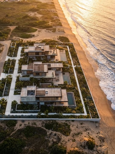 Minimalist aerial view of a pristine coastal land plot in Benin, golden hour sunlight reflecting on the Atlantic ocean nearby, clean geometric boundaries, high-end architectural context, editorial style