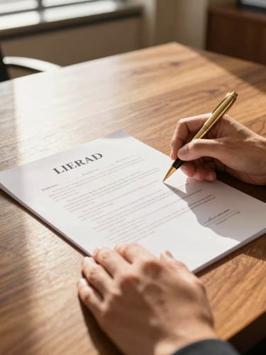 Close-up of hands signing legal property deeds on a solid wood desk, gold pen, warm natural sunlight, luxury office setting