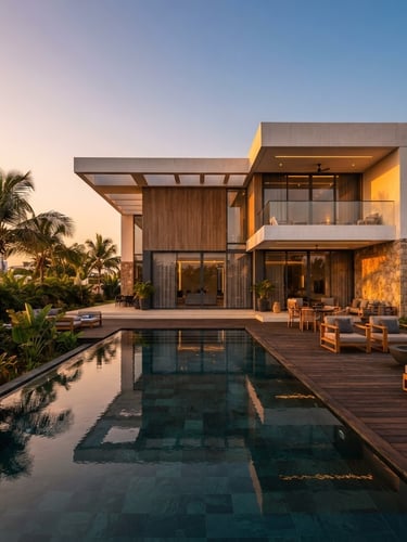 Wide-angle architectural shot of a minimalist luxury villa facade in Cotonou at golden hour, glowing warm sunlight reflecting on a private pool in the foreground, palm trees, clear sky, high-contrast.