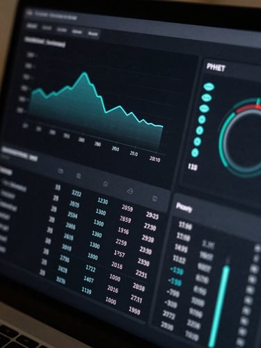 A tight macro shot of a clean data dashboard interface on a dark screen, displaying minimalist charts, structured data tables, and precise geometric data flows. Cool-toned, high-contrast dark mode interface glow with subtle electric teal accents.