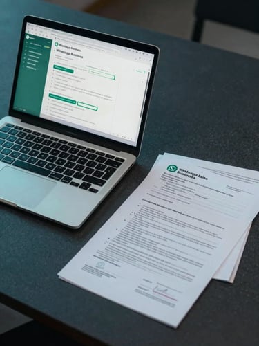 Tight overhead shot of a sleek modern laptop displaying a custom WhatsApp Business automation flow chart, next to official corporate registration documents on a dark slate desk, cool electric teal ambient glow.