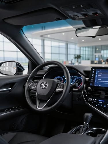 Cinematic low-key shot of a clean luxury sedan interior, soft blue hour lighting reflecting on polished dashboard, premium leather steering wheel, shallow depth of field