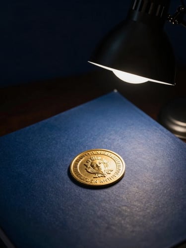 Macro shot of a legal file with gold seal under a sharp desk lamp, deep navy background, high contrast, 35mm