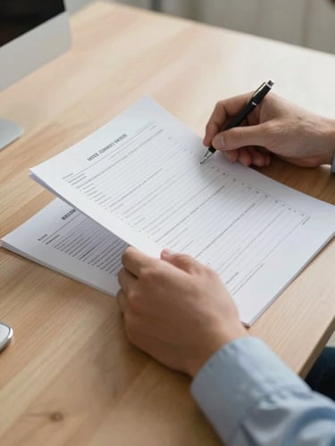 Close-up of professional hands reviewing medical charts and legal documents on a clean wooden desk, soft natural side lighting.