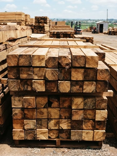 Wide-angle outdoor shot of stacked raw cypress timber beams in bright natural daylight at an Eldoret yard, sharp focus on wood texture